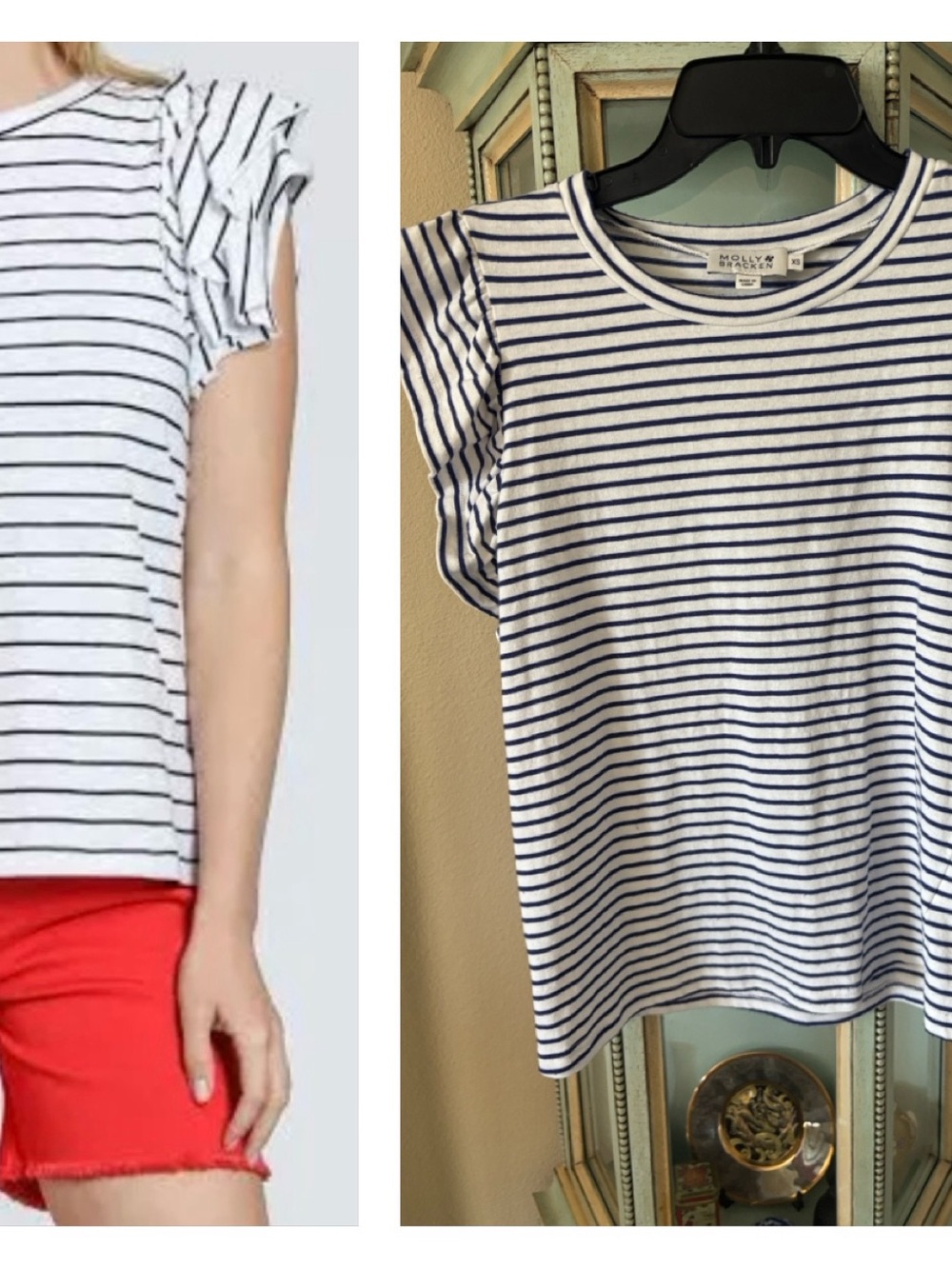 Molly Bracken White and Navy Striped Flutter Sleeve Tee